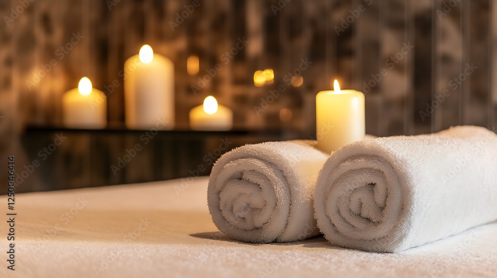 Poster luxurious spa setting with rolled up towels and candle ambiance : generative ai