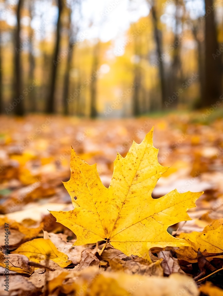 Aufkleber vibrant yellow autumn leaf on a path surrounded by fallen leaves in a forest : generative ai
