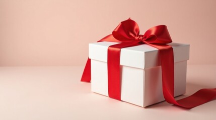 A pristine white gift box adorned with a vibrant red ribbon, a symbol of celebration and thoughtful gifting, rests elegantly on a pale pink surface