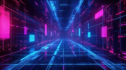 Abstract futuristic cyberpunk gaming background with digital retro glowing blue and purple neon lines wallpaper AI generated image