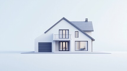 Modern minimalist two-story house with garage and balcony against a solid white background