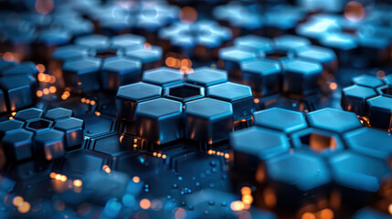 abstract background of interconnected hexagonal shapes with glowing elements, creating futuristic and dynamic atmosphere