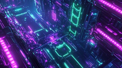 Fototapeta premium A futuristic gaming space arena with glowing purple, blue and green neon elements, forming an immersive sci-fi environment background wallpaper AI generated image