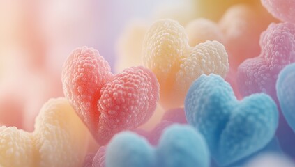 Obraz premium Pastel Heart Candies: Sweet Treats, Colorful Delights, Close-Up View, Delicious Texture, Gummy Shapes, Sugar Crystals, Macro Photography, Abstract Candy, Vibrant Colors, Romantic Theme