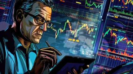 A man in a polo shirt analyzes his stocks and investments on a tablet, seated at a desk with papers and a cup of coffee, focused on his work.