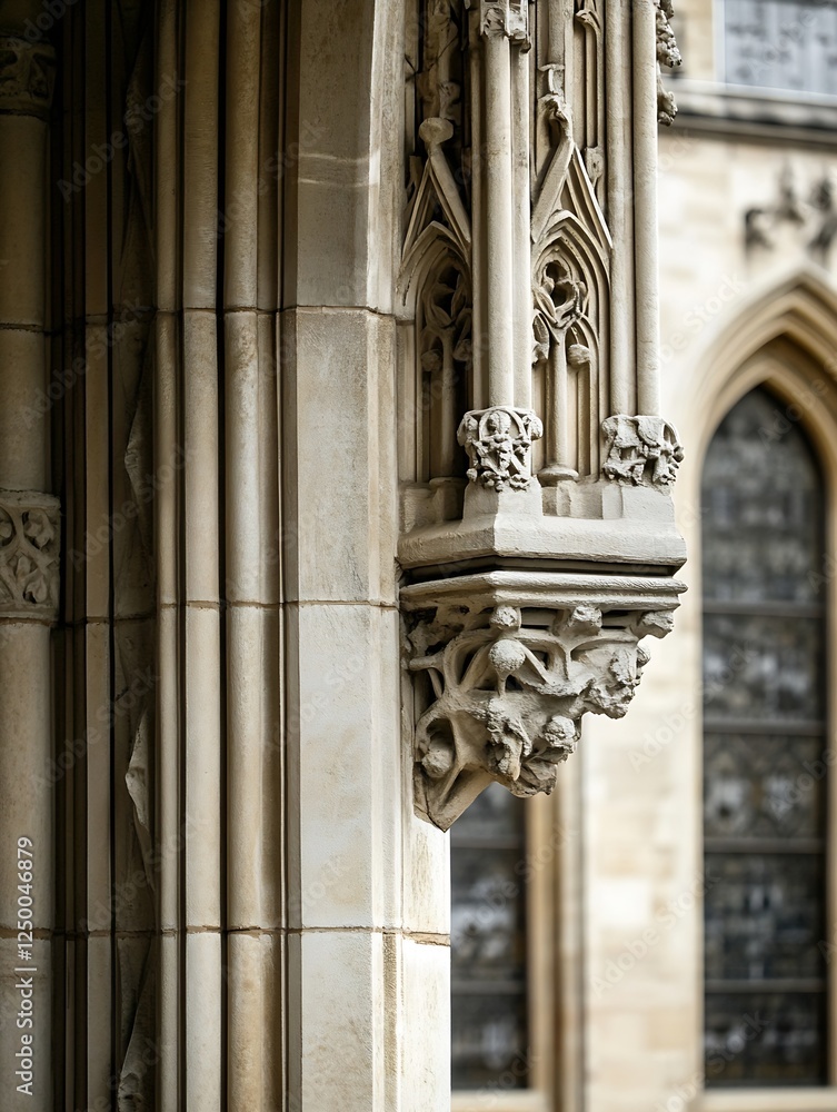 Poster intricate architectural detail of a gothic style church column with decorative carvings : generative