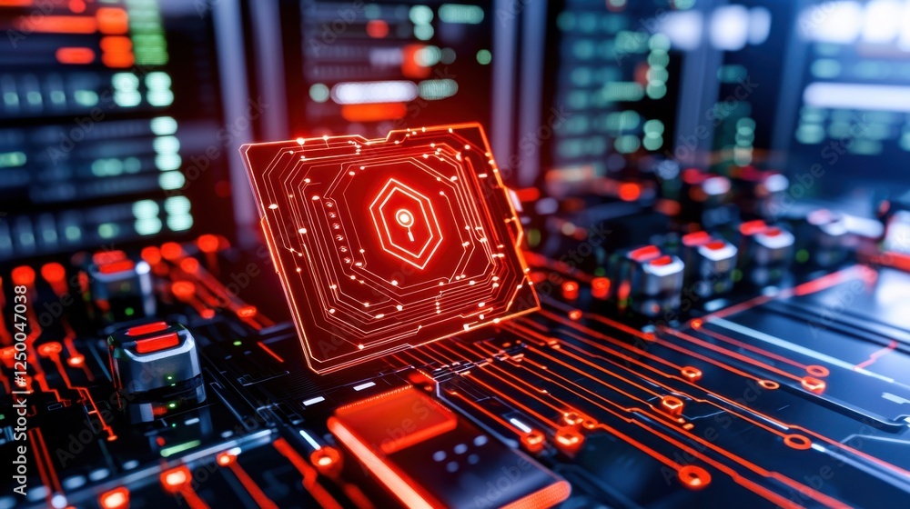 Aufkleber glowing red microprocessor chip on circuit board