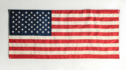 Fototapeta premium Full-detail USA flag hanging vertically on a clean white background with sharp visuals