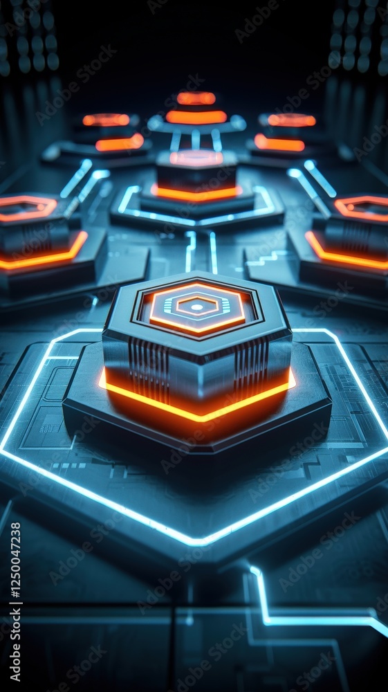 Poster a futuristic, high-tech interface featuring illuminated hexagonal patterns and glowing lines, sugges