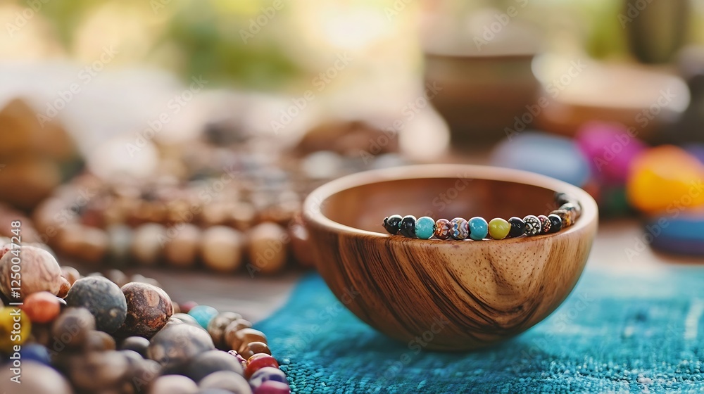 Poster handcrafted wooden bowl with colorful beads and natural elements in a cozy setting : generative ai