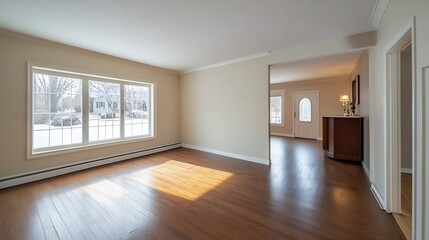Fototapeta premium Spacious and bright empty living room with large windows and hardwood floor : Generative AI