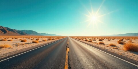 Fototapeta premium A sun-drenched highway cuts through a vast, arid landscape under a brilliant blue sky, offering a sense of boundless journey and open road adventure