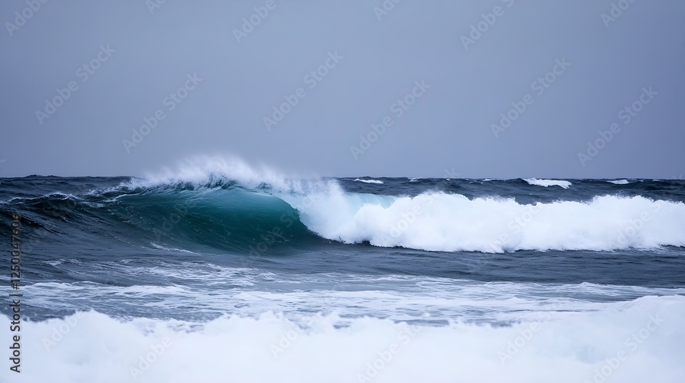 Aufkleber Dynamic View of Majestic Ocean Waves Cresting on a Gloomy Day : Generative AI