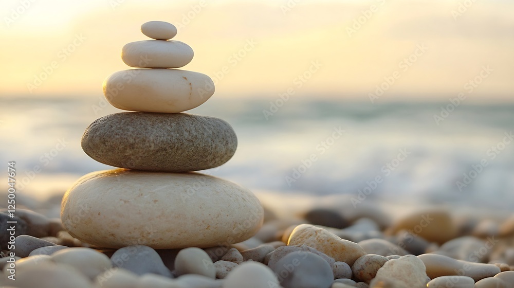 Poster balanced stones stacked carefully on a beach during sunset with soft waves in the background : gener