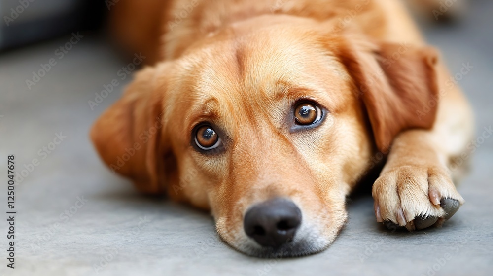 Poster beautiful golden labrador dog lying on a smooth surface with expressive eyes : generative ai