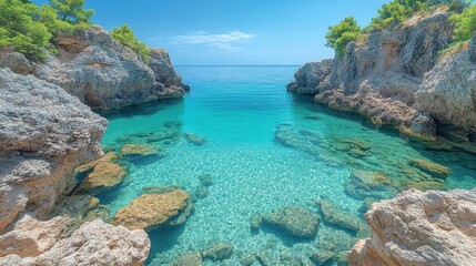 Fototapeta premium Serene coastal cove with clear turquoise waters surrounded by rocky cliffs and lush greenery
