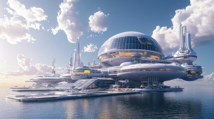 Obraz premium An energy city station that harnesses power from an artificial sun, with advanced quantum energy floating solar panels background wallpaper AI generated image