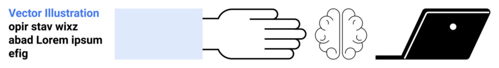 Outstretched hand, brain outline, black laptop symbolize human-machine collaboration, problem-solving. Ideal for innovation, AI, technology, learning, creativity productivity abstract line flat