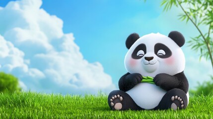 Obraz premium Cute cartoon panda sitting on grass under bright blue sky