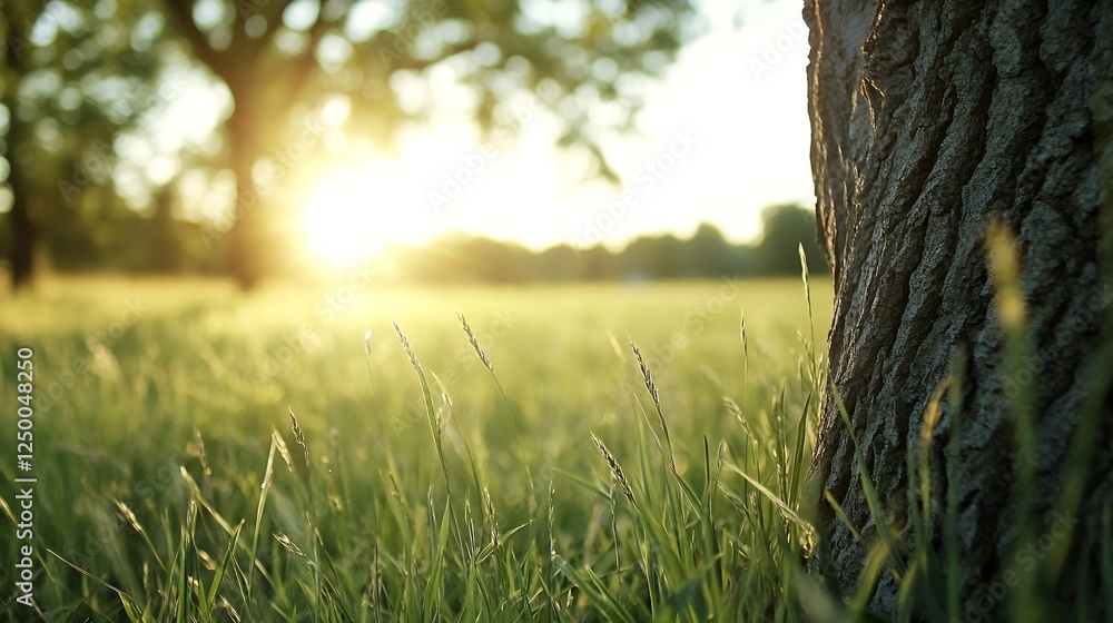 Poster golden sunrise filtering through trees in lush green field : generative ai