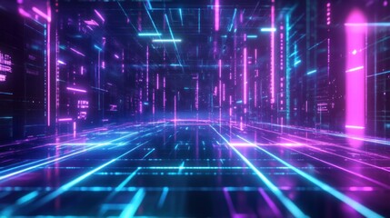 Abstract futuristic cyberpunk gaming background with digital retro glowing blue and purple neon lines wallpaper AI generated image