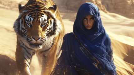 A Muslim warrior in a dark blue hijab stands in the scorching desert with a huge tiger background wallpaper AI generated image