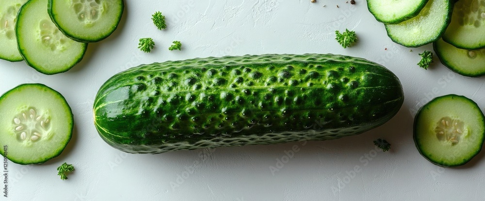 Poster fresh cucumber slices on light background