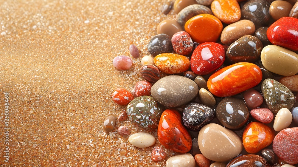 Poster vibrant assortment of pebbles and stones in diverse hues and textures closeup view of a colorful arr