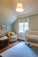 Bright and cozy modern nursery with white crib and teddy bear softly lit by natural light through the window : Generative AI