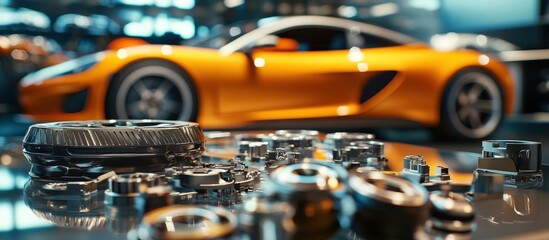 Close-up of Car Parts with Blurred Orange Sports Car Background