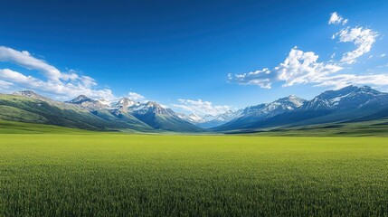 Obraz premium Sunny meadow, majestic mountains, clear sky; nature landscape, travel poster
