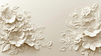 ornate floral border with embossed 3D effect, classic European design, soft ivory and cream color scheme