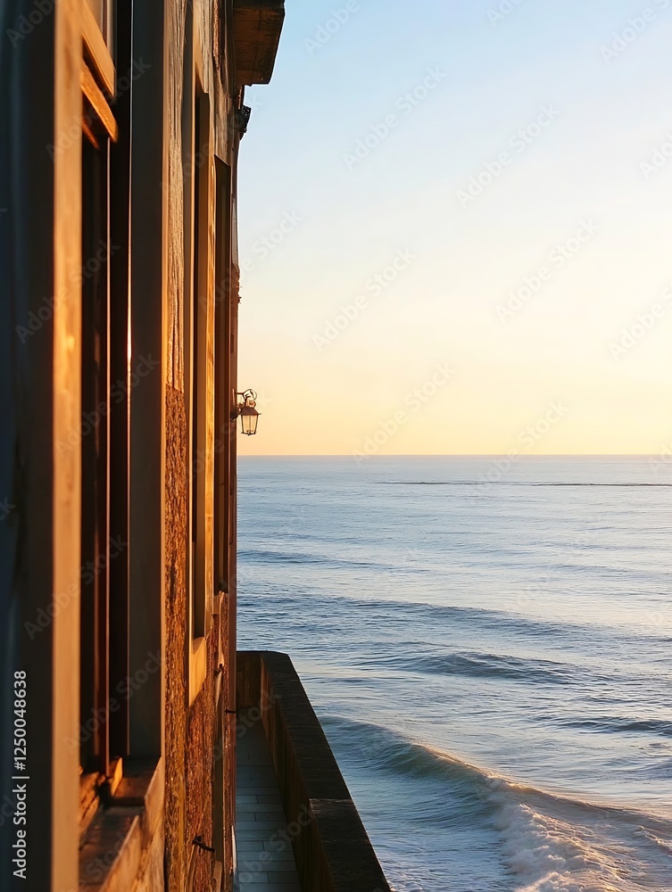 Poster serene coastal view featuring waves lapping against a tranquil shoreline in golden hour light : gene