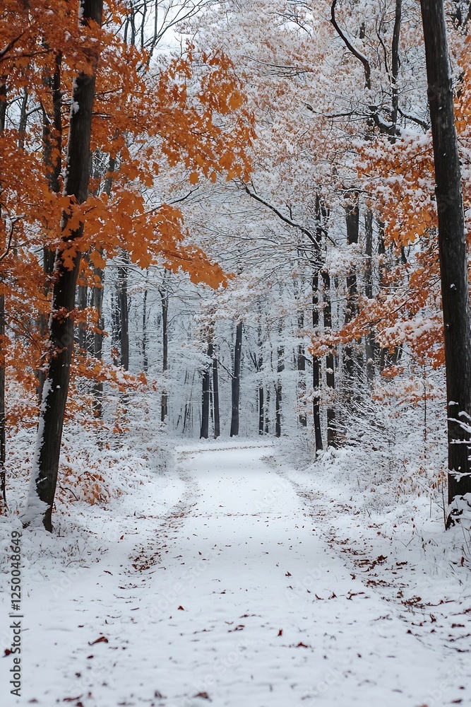 Poster winter forest path covered in snow with orange leaves on trees : generative ai