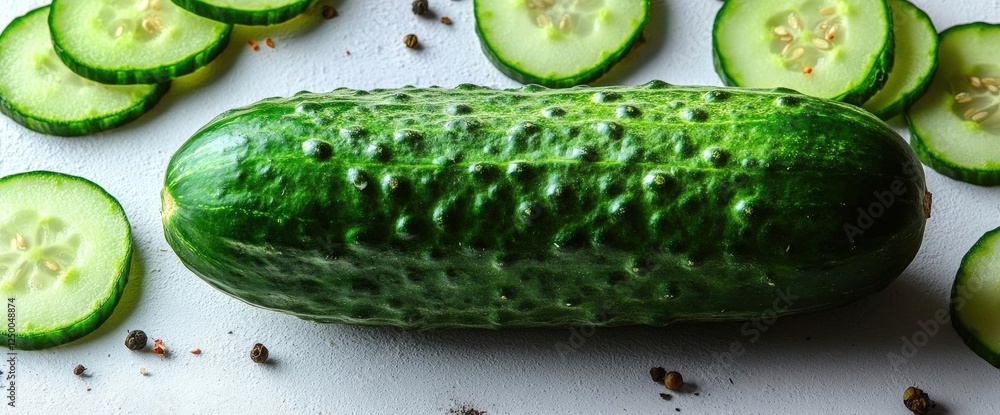 Poster fresh green cucumber slices and whole cucumber on light gray background