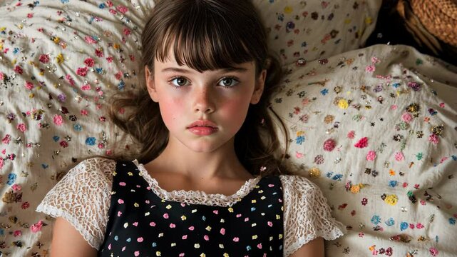 Child relaxing on a colorful bedspread, showcasing innocence and depth in an intimate indoor setting