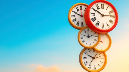 Colorful Clocks Floating in a Clear Blue Sky Concept of Time