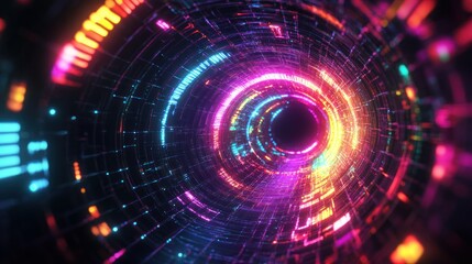 Futuristic abstract hallway digital time travel glowing neon cyberpunk technology background wallpaper AI generated image