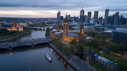 Naklejka premium Stunning Aerial View of Melbourne City Skyline at Dusk with River and Architecture : Generative AI