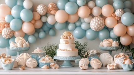 Elegant dessert table featuring a beautifully decorated cake and assorted treats amidst pastel balloons