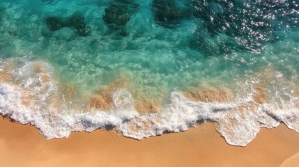 Aerial view of a serene beach with turquoise waves gently lapping onto golden sand