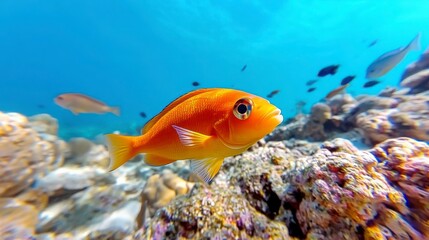 Fototapeta premium Vibrant Orange Fish Swimming Among Colorful Coral Reefs Underwater