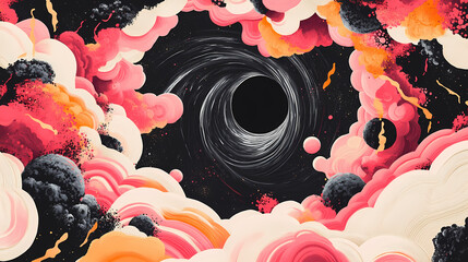 An artist interpretation of a black hole in pop culture, blending familiar sci-fi motifs with imaginative visual elements. Interstellar Cultures. Illustration