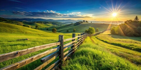 Fototapeta premium Rustic countryside scene featuring a weathered wooden fence, capturing the essence of pastoral farmland.