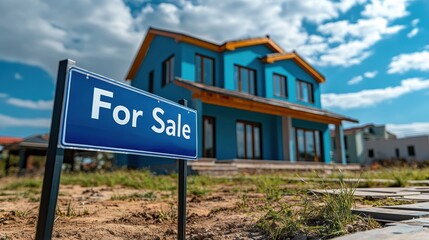 Obraz premium Bright Blue House for Sale with Clear Sky and Green Grass Surroundings