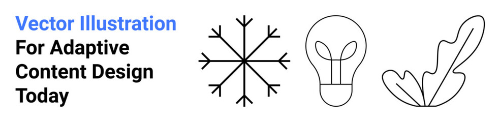 Snowflake, light bulb, and leaf minimal line art. Ideal for innovation, sustainability, creativity, nature, energy seasons modern content. Perfect flat landing page banner
