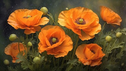 Orange poppies in a painterly manner, moist from rain