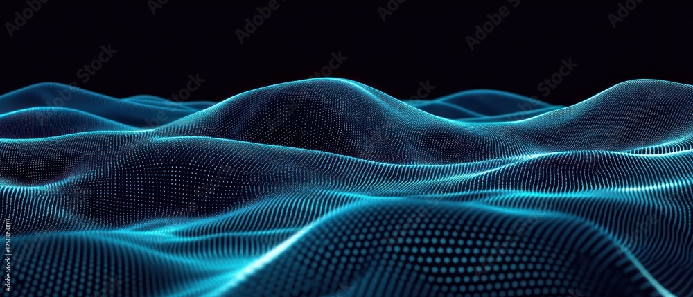 Poster digital waves with glowing lines and dots in darkness