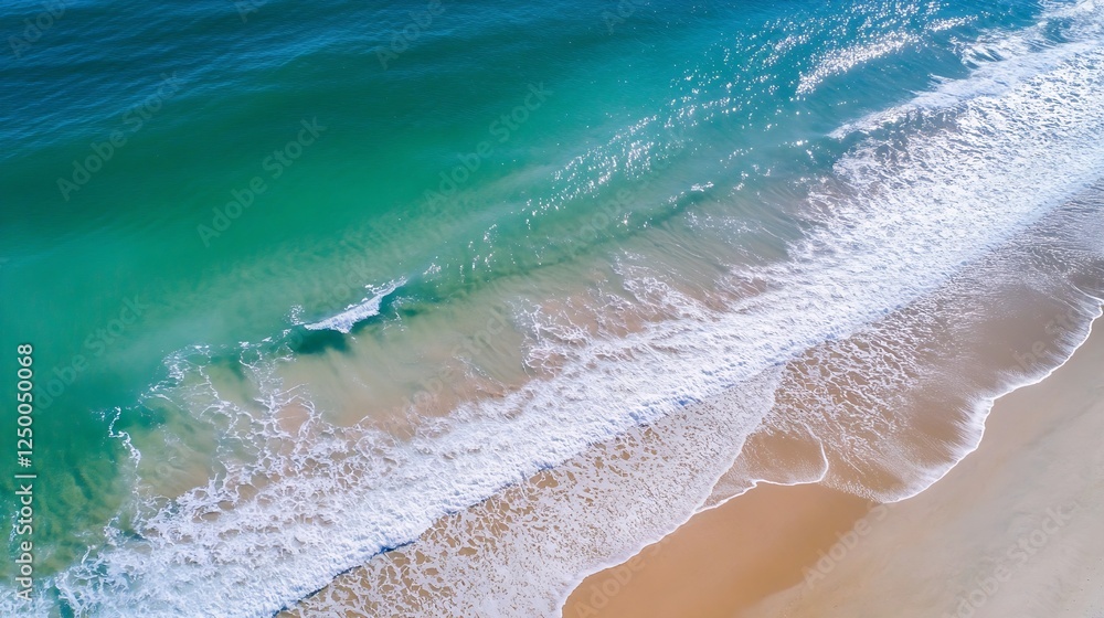 Poster aerial view of serene turquoise ocean waves gently lapping against a sandy shoreline : generative ai