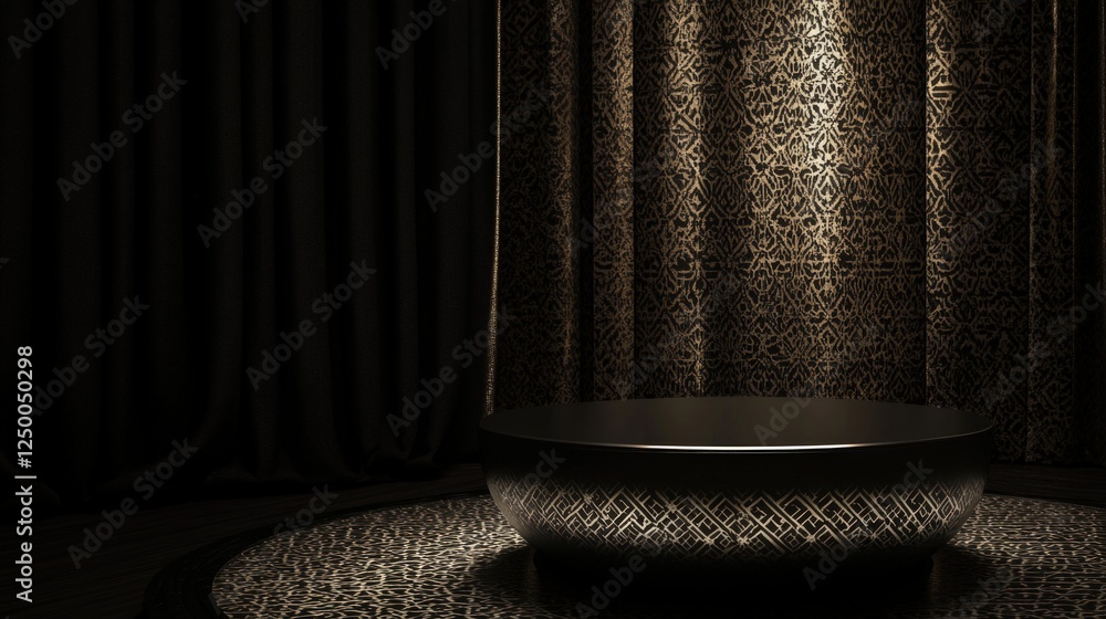 Poster elaborate patterned bowl rests upon a matching circular platform